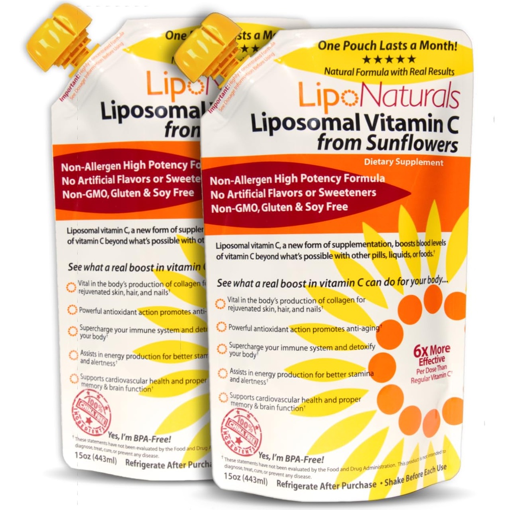 Lipo Naturals Liposomal Vitamin C 1000mg Liquid (2-Pack 60 Δόσεις) - Φυσική Φόρμουλα Ανοσία + Ενεργειακή Υποστήριξη - Vegan, China-Free (15oz / 443ml ea.)