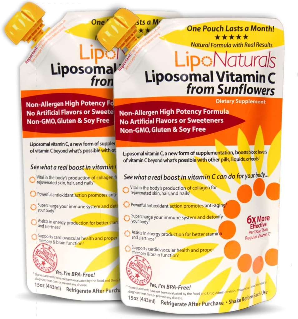 Lipo Naturals Liposomal Vitamin C 1000mg Liquid (2-Pack 60 Doses) - Natural Formula Immunity + Energy Support - Vegan, China-Free (15oz / 443ml ea.)
