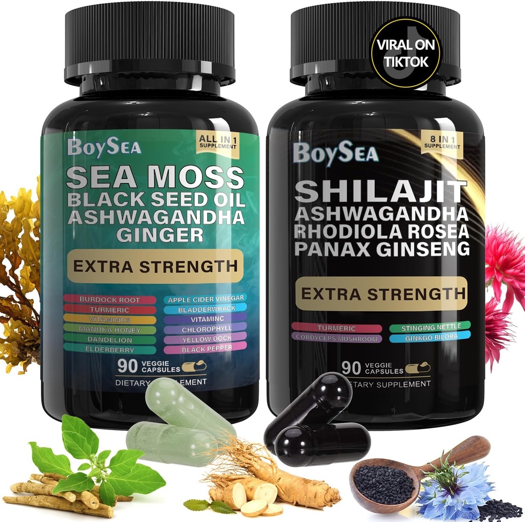 Μπόις. Shilajit και Sea Moss Bundle- 90 Count - Sea Moss, Black Seed Oil, Ashwagandha, Ginger & Shilajit, Rhodiola Rosea, Όλα σε 1 Συμπληρώματα (1 Pc)
