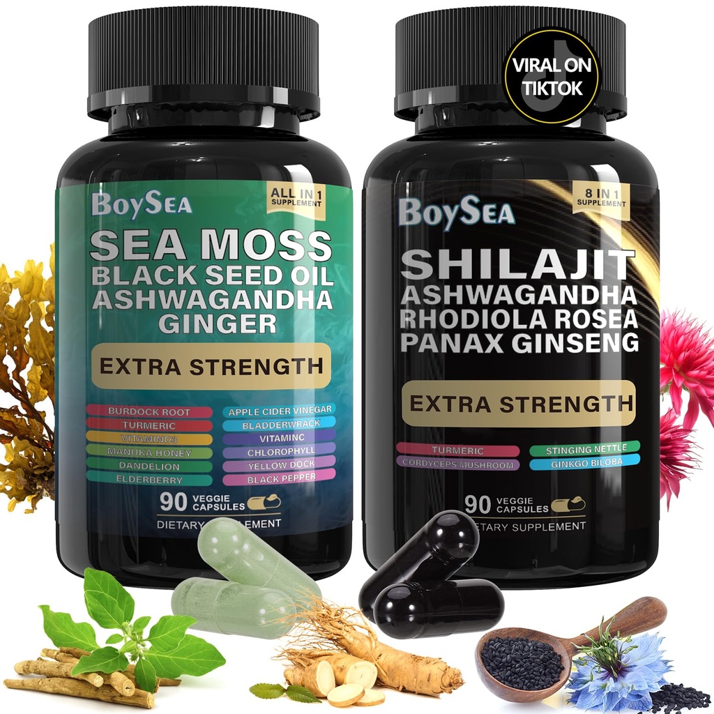 Μπόις. Shilajit και Sea Moss Bundle- 90 Count - Sea Moss, Black Seed Oil, Ashwagandha, Ginger & Shilajit, Rhodiola Rosea, Όλα σε 1 Συμπληρώματα (1 Pc)