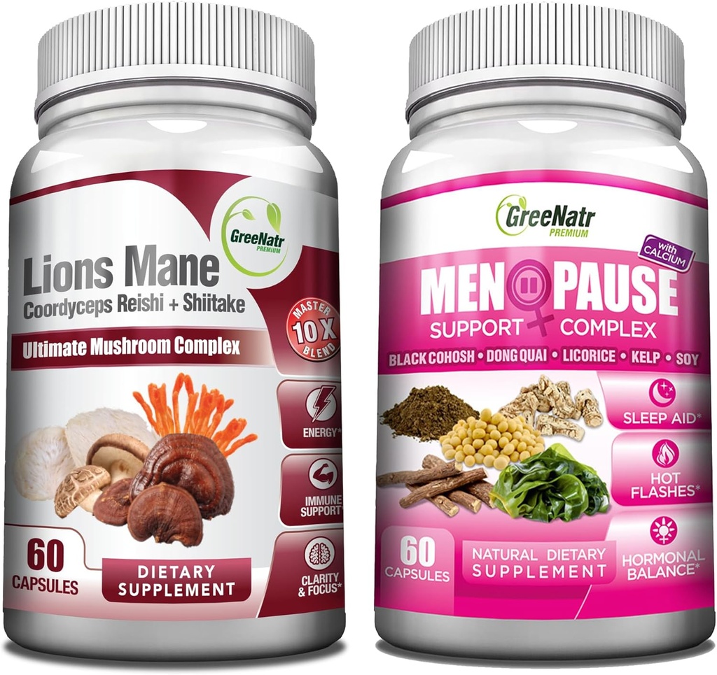 GreeNatr Energy Boost Plus Εμμηνόπαυση Υποστήριξη Bundle: Mushroom συμπλήρωμα μας παρέχει μια φυσική ενέργεια Boost, την προώθηση της παρατεταμένης ζωτικότητας + βότανο Εμμηνόπαυση Complex για Hot Flashes, Νυχτερινές Ιδρώσεις