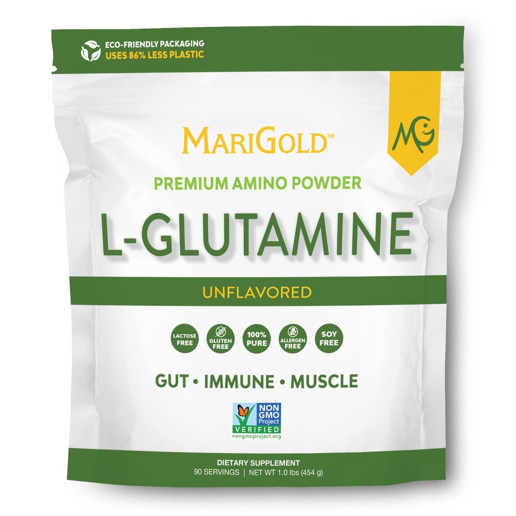 MariGold Pure Άγευστη L-Glutamine σκόνη - Υγιεινή κόγχη, ανοσοποιητικό, και μυϊκή υποστήριξη, μη ΓΤΟ, Χωρίς γλουτένη, χωρίς σόγια και αλλεργιογόνο (5g / 5000mg ανά υπηρεσία)