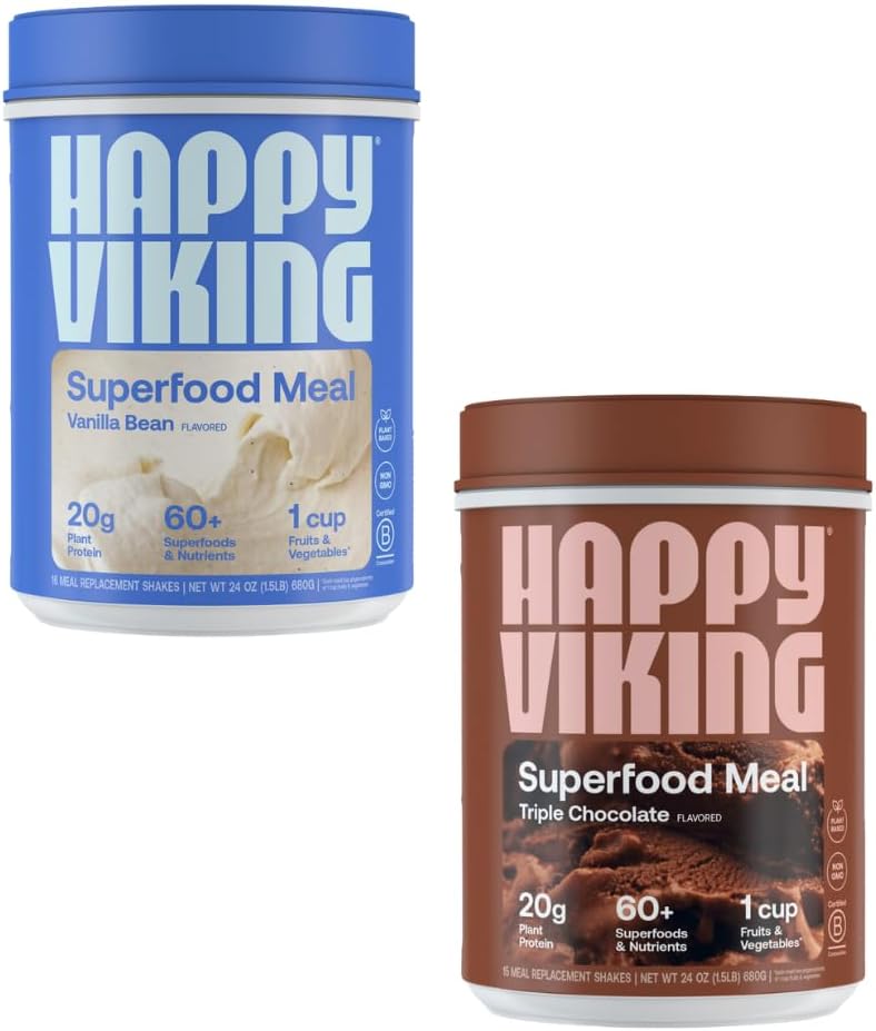 Happy Viking Vanilla and Chocolate Protein Powder, by Venus Williams, 20G Protein, Low Carb, Keto, Vegan, Gluten-Free, Superfoods, Complete Meal Replacement, 2 Canisters (24 oz. Each)