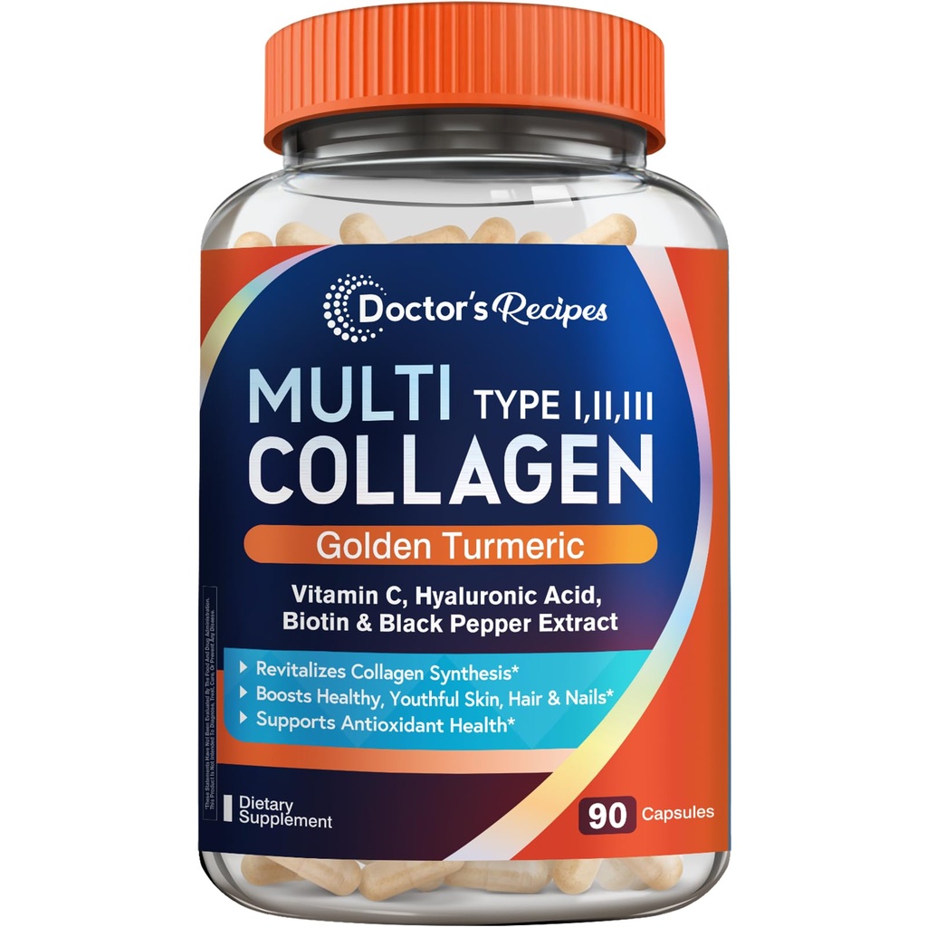 Συνταγές Doctor's Multi Collagen Peptides με Golden Turmeric, Vitamin C, Biotin, Hyaluronic Acid & Black Pepper, Collagen Συμπληρώματα για το δέρμα, τα μαλλιά, τα νύχια, Collagen για γυναίκες και άνδρες, 90 Caps
