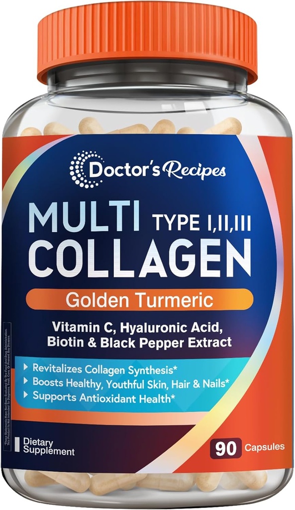 Συνταγές Doctor's Multi Collagen Peptides με Golden Turmeric, Vitamin C, Biotin, Hyaluronic Acid & Black Pepper, Collagen Συμπληρώματα για το δέρμα, τα μαλλιά, τα νύχια, Collagen για γυναίκες και άνδρες, 90 Caps