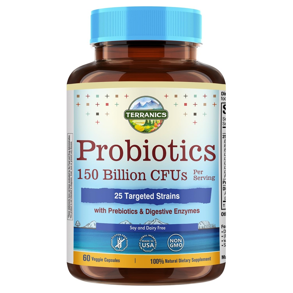 Terranics Daily Probiotics for Men & Women, 150 Billion 25 Strains Probiotics, with Prebiotics & Enzymes, Delayed Release, Shelf Stable, 60 Veggie Caps