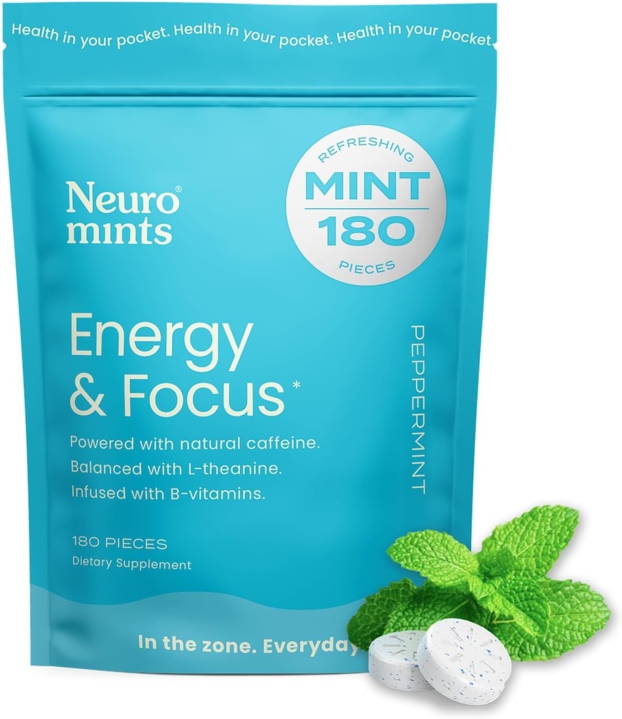 NeuroGum Energy Caffeine Mints (180 κομμάτια) - Ζάχαρη χωρίς L-theanine + Φυσική καφεΐνη + Βιταμίνη B12 & B6 - Nootropic Energy & Focus Supplement for Women & Men - Keto & Vegan, Peppermint Flavor