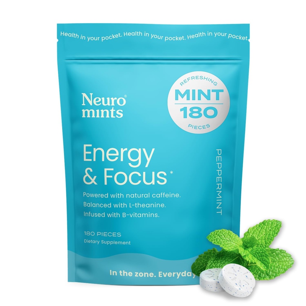 NeuroGum Energy Caffeine Mints (180 Pieces) - Sugar Free with L-theanine + Natural Caffeine + Vitamin B12 & B6 - Nootropic Energy & Focus Supplement for Women & Men - Keto & Vegan, Peppermint Flavor
