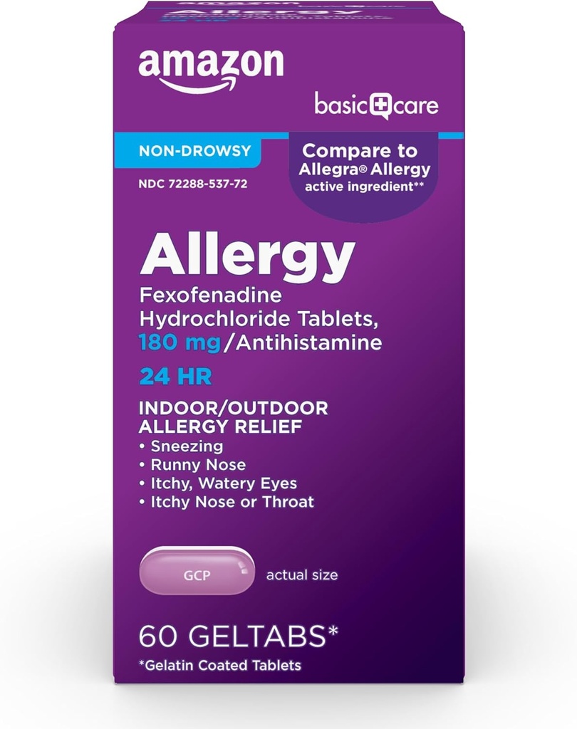 Basic Care, 24ωρη Αλλεργία Ανακούφιση, Fexofenadine Hydrochloride Geltabs 180 mg, Αντιισταμινικό χωρίς υπνηλία, 60 Count