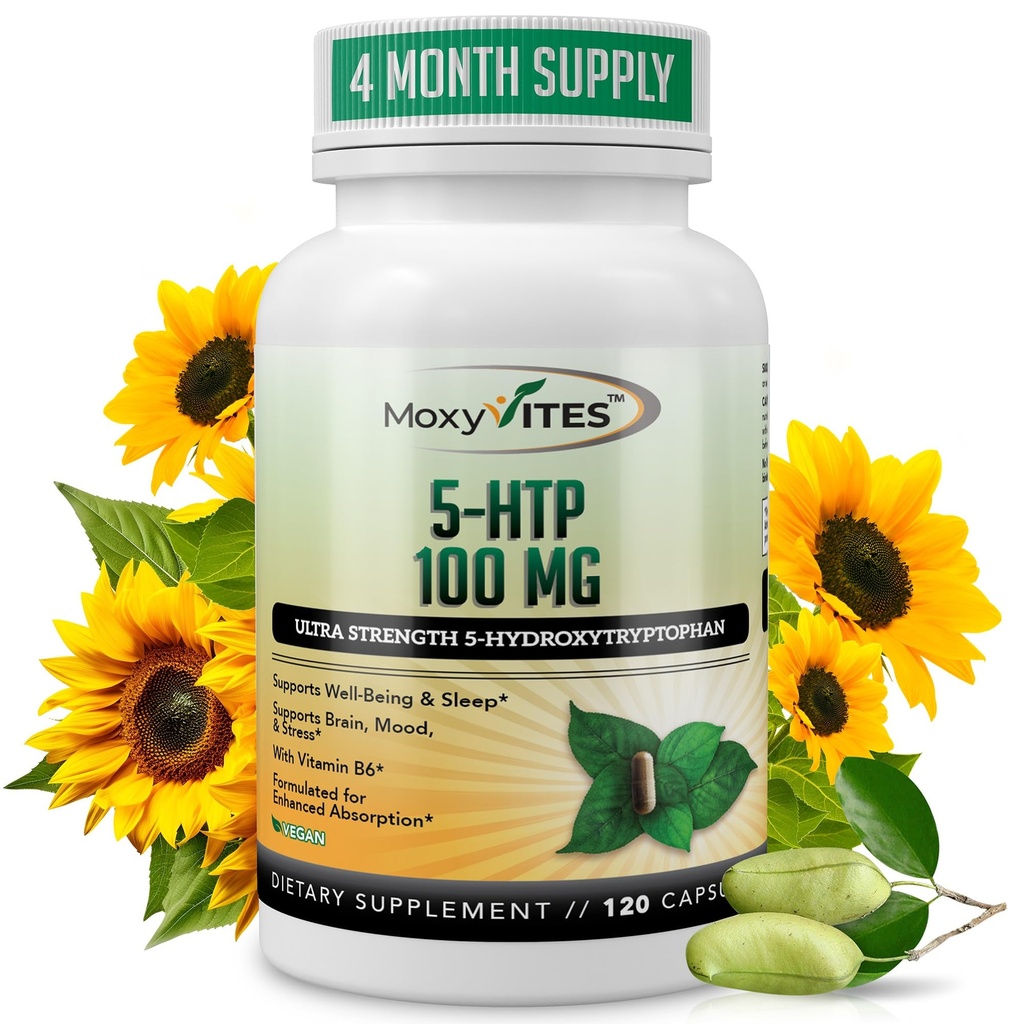 MoxyVites 5HTP 100mg Supplement, Plus B6, 5 HTP Organic Whole Food - Best Serotonin Booster - Non-GMO, 120 Vegan Capsules