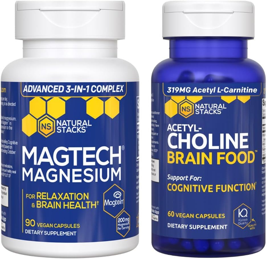 Φυσικές στοιβάδες Μαγνήσιο Magtech + Acetylcholine Brain Food Bundle - Υποστηρίζει την υγεία του εγκεφάλου, την χαλάρωση και τη γνωστική λειτουργία * - 150 Σύνολο καψακίων