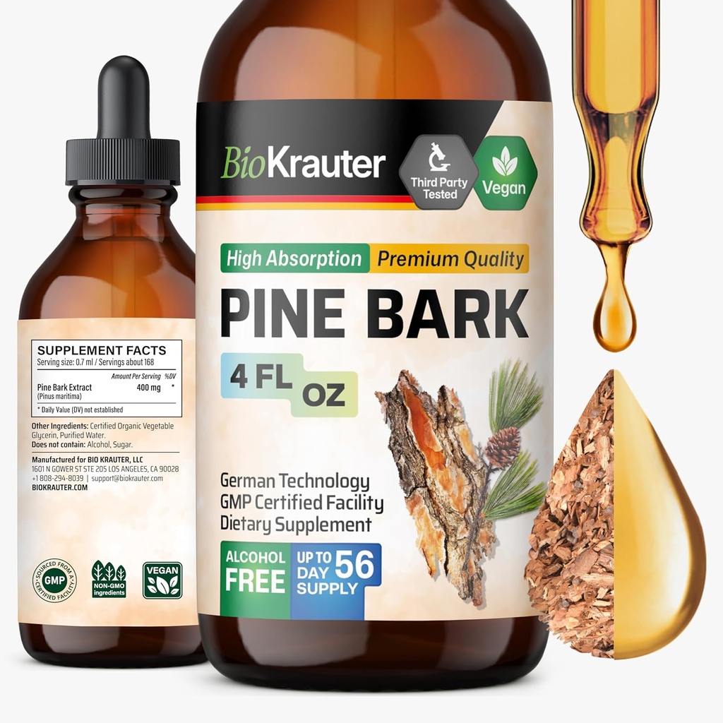 BIO KRAUTER Pine Bark Extract - Πλούσιο σε αντιοξειδωτικά Υγρό Συμπλήρωμα - 400 mg Γαλλικό Maritime Pine Bark Extract Drops - Vegan, Αλκοόλ & Ζάχαρη Χωρίς - 4 Fl Oz
