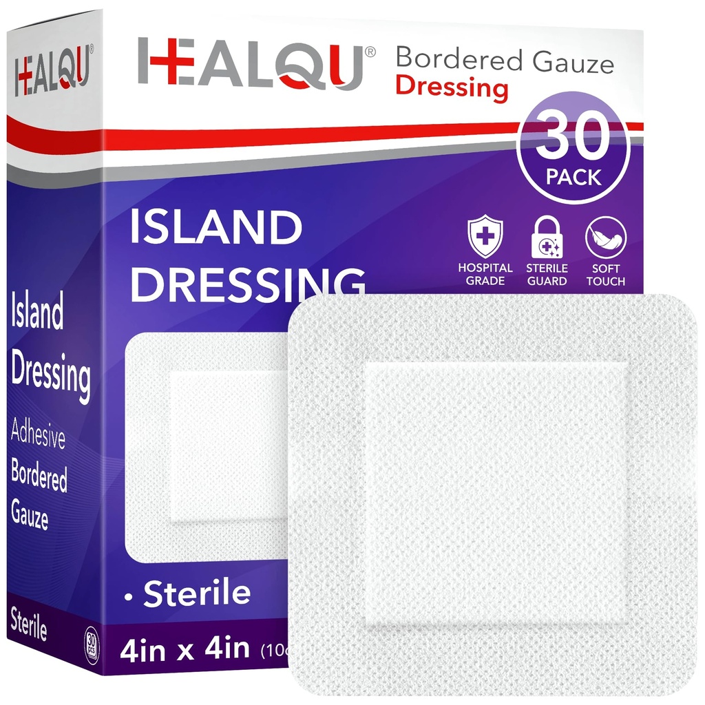 HEALQU Island Dressing - 4"x4", 30 Count - Συνοριακός Gauze Sterile Ατομικά Στριφτά Gauze Pads, Water-Resistant, Μη-Woven Backing - Μαλακό και αναπνευστικό τραύμα Dressing για την πρώτη βοήθεια και ιατρική
