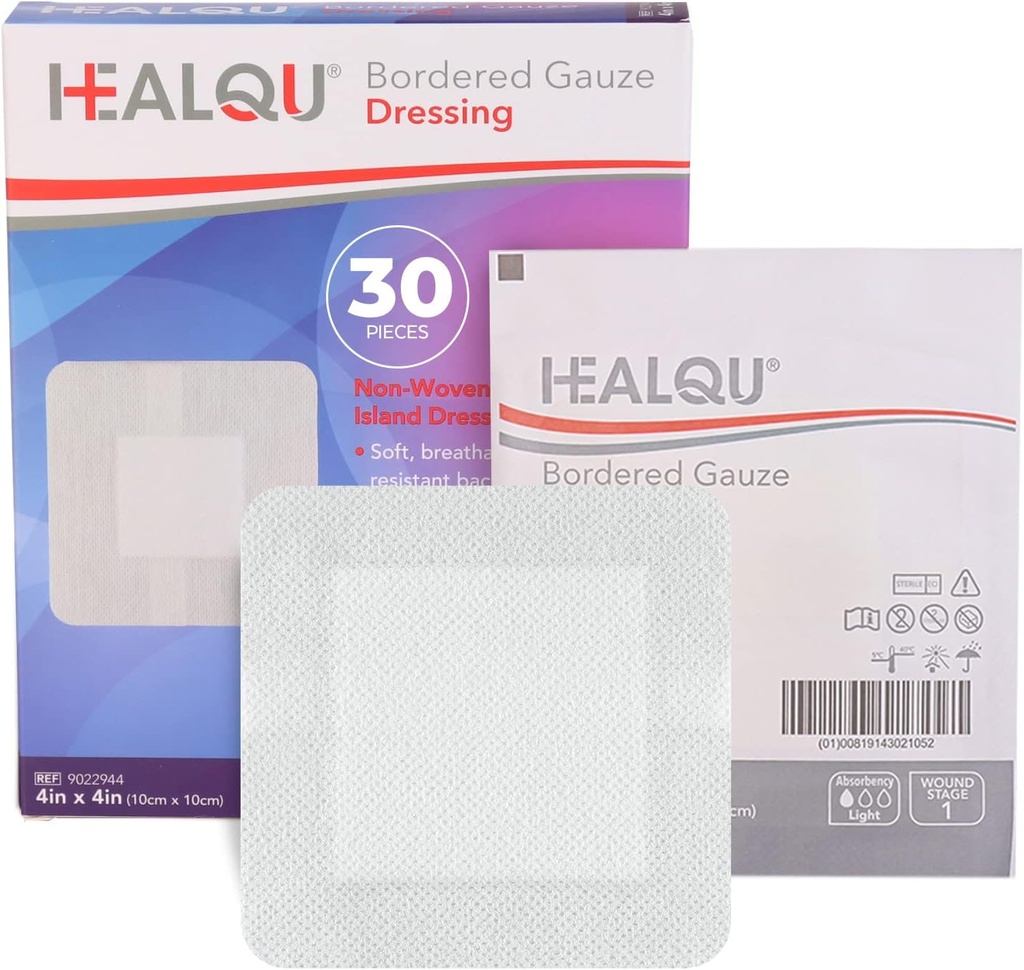 HEALQU Island Dressing - 4"x4", 30 Count - Συνοριακός Gauze Sterile Ατομικά Στριφτά Gauze Pads, Water-Resistant, Μη-Woven Backing - Μαλακό και αναπνευστικό τραύμα Dressing για την πρώτη βοήθεια και ιατρική
