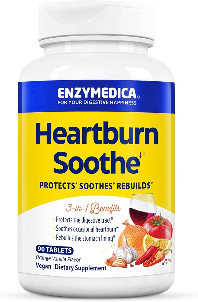 Enzymedica, Heartburn Soothe, Fast-Acting Digestive Aid, Vanilla Orange, 90 Chews (45 Servings)