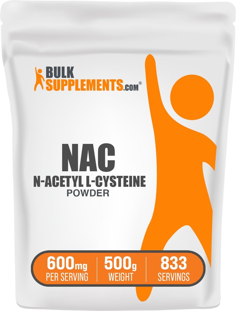BulkSupplies.com NAC Powder - N-Acetyl Cysteine 600mg, NAC Supplement - Αντιοξειδωτική Υποστήριξη, Χωρίς γλουτένη - 600mg ανά υπηρεσία, 833 Servings, 500g 1,1 lbs (πακέτο των 1)