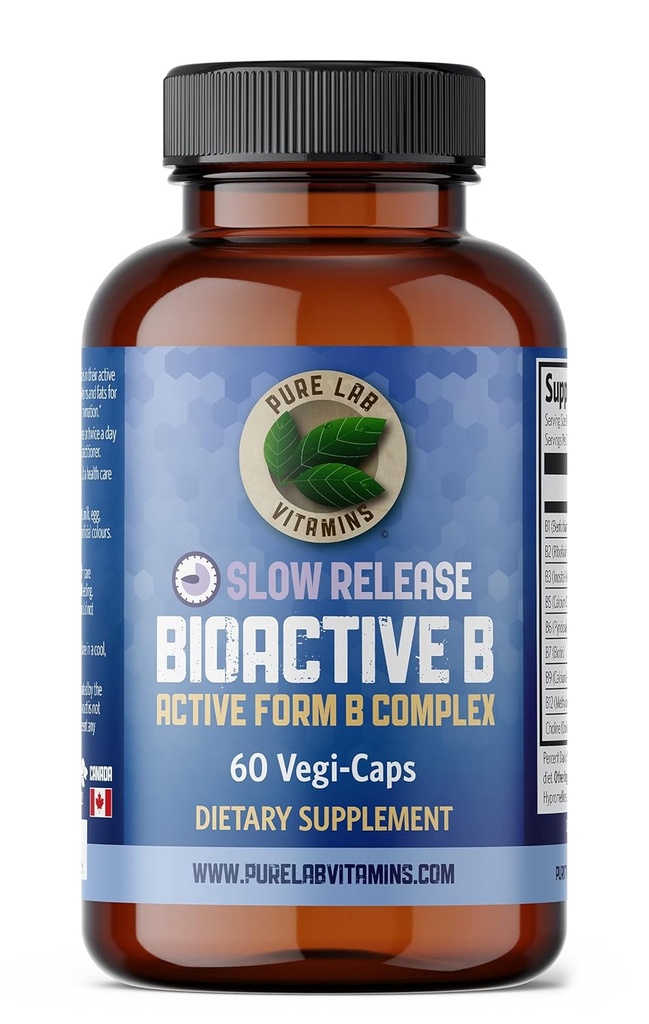 Bioactive B Complex Supplement - 60 Vegan Caps by Pure Lab Vitamins - Slow Release Active Formula (B1, B2, B3, B5, B6, B7, B9, B12) - 30 Ημέρες Προσφοράς, Χωρίς Γλουτένη & Ζάχαρη 🍁 Κατασκευασμένο στον Καναδά