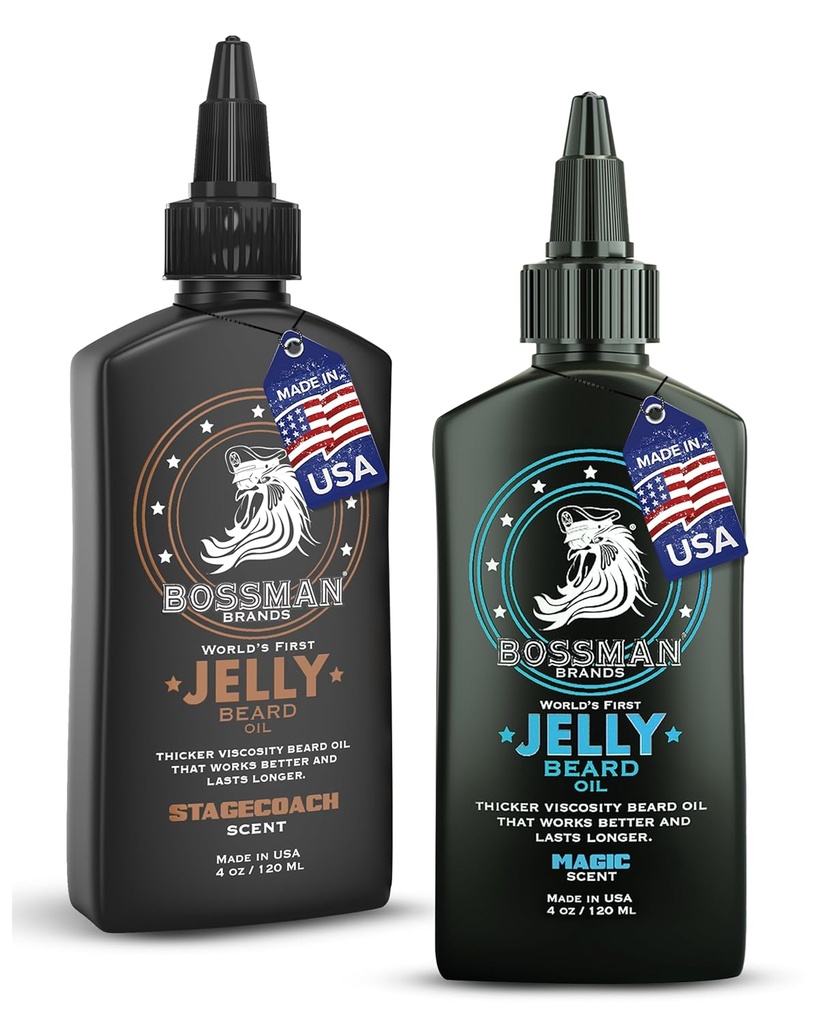 Bossman Jelly Beard Oil for Men Bundle | 2 Pack, 8 oz (Magic + Stagecoach Scents) | Softens, Moisturizes & Conditions with Natural Ingredients – Made in the USA
