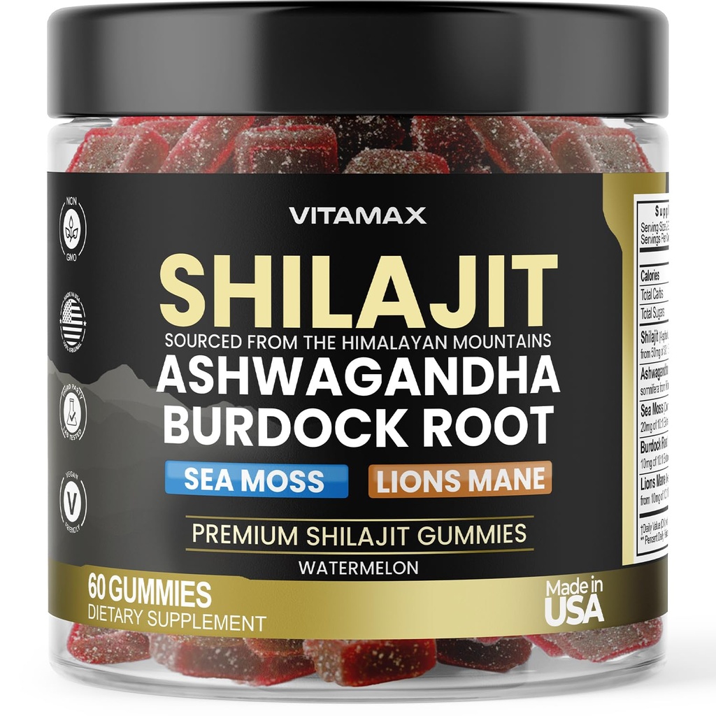 Organic Shilajit Gummies, Sea Moss, Ashwagandha, 105+ Trace Minerals – Organic Burdock Root & Lions Mane Mushroom – Καρπούζι - Vegan & Non-GMO – Κατασκευασμένο στις ΗΠΑ – 60ct