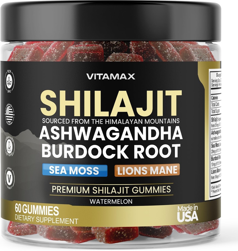 Organic Shilajit Gummies, Sea Moss, Ashwagandha, 105+ Trace Minerals – Organic Burdock Root & Lions Mane Mushroom – Καρπούζι - Vegan & Non-GMO – Κατασκευασμένο στις ΗΠΑ – 60ct