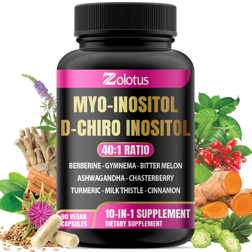 Zolotus Myo-Inositol & D-Chiro Inositol Ideal Ratio Inositol Supplement with Bitter Melon, Milk Thistle, Turmeric, Gymnema, Chasteberry, Ceylon Cinnamon, Ashwagandha, Berberine - 90 Capsules