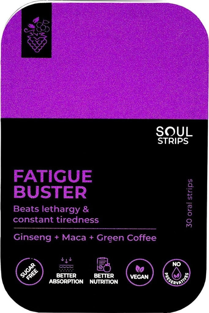 Soul Strips Κόπωση Buster Ginseng, Maca, Πράσινος καφές, μειώνει την ψυχική & φυσική κόπωση, μικτή γεύση μούρων, γρήγορη απορρόφηση, καθημερινή χρήση, Zero ζάχαρη, Vegan, 30 Strips Pack