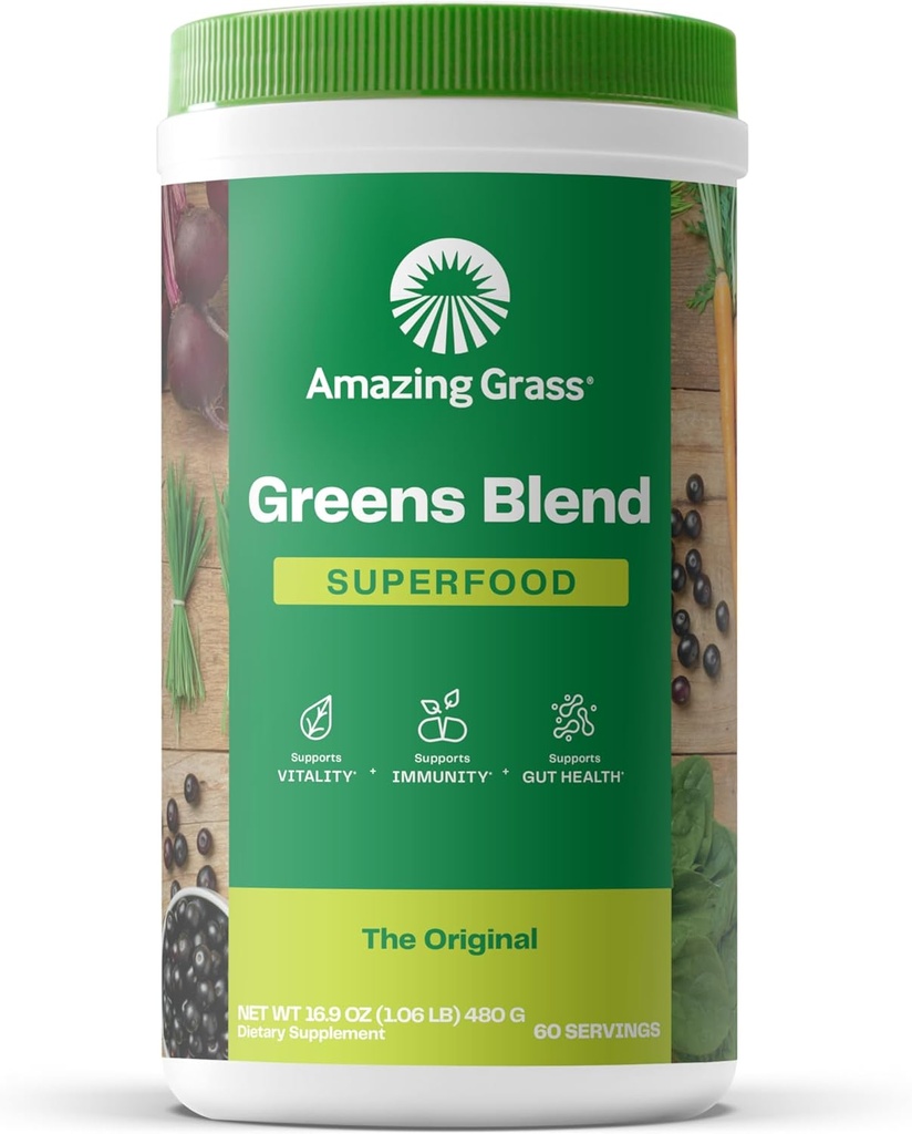 Amazing Grass Greens Blend Superfood: Super Greens Powder with Spirulina, Chlorella, Beet Root Powder, Digestive Enzymes, Prebiotics & Probiotics, Original, 60 Servings (Packaging May Vary)