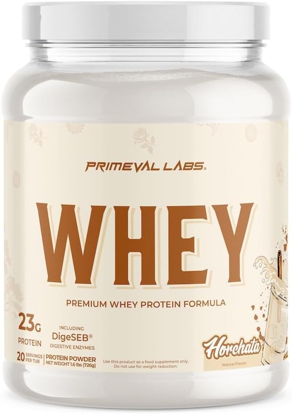 Primeval Labs Pure Whey Protein Concentrate | Muscle Growth & Recovery | Easy to Mix Formula | Horchata | 20 Servings