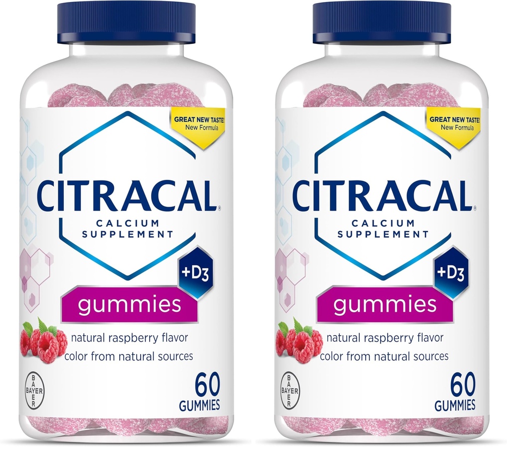CITRACAL Συμπληρώματα ασβεστίου Gummies, Μασώμενο ασβέστιο με βιταμίνη D3, Υποστηρίζει την υγεία των οστών, Μάσημα ασβεστίου για ηλικίες 12+, Φυσικό άρωμα σμέουρων, 60 Count (πακέτο του 2)