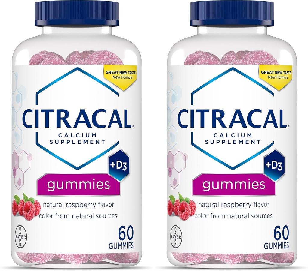 CITRACAL Συμπληρώματα ασβεστίου Gummies, Μασώμενο ασβέστιο με βιταμίνη D3, Υποστηρίζει την υγεία των οστών, Μάσημα ασβεστίου για ηλικίες 12+, Φυσικό άρωμα σμέουρων, 60 Count (πακέτο του 2)