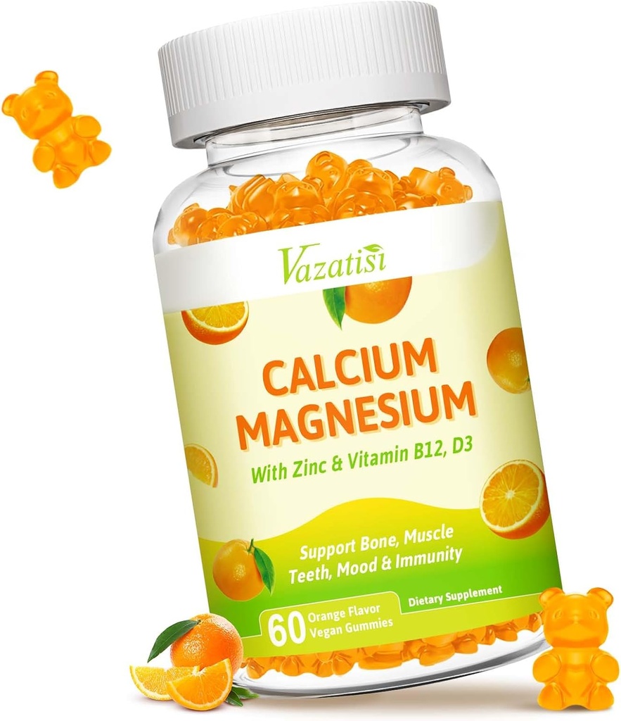 Ασβέστιο Μαγνήσιο Ψευδάργυρος Gummies με βιταμίνη D3 και K2, Υψηλή Απορρόφηση Μαγνήσιο Γλυκινικό Κάλιο για ανοσοποιητικό και ήρεμο Mood, Vegan Πορτοκαλί Γεύση 60 Gummies