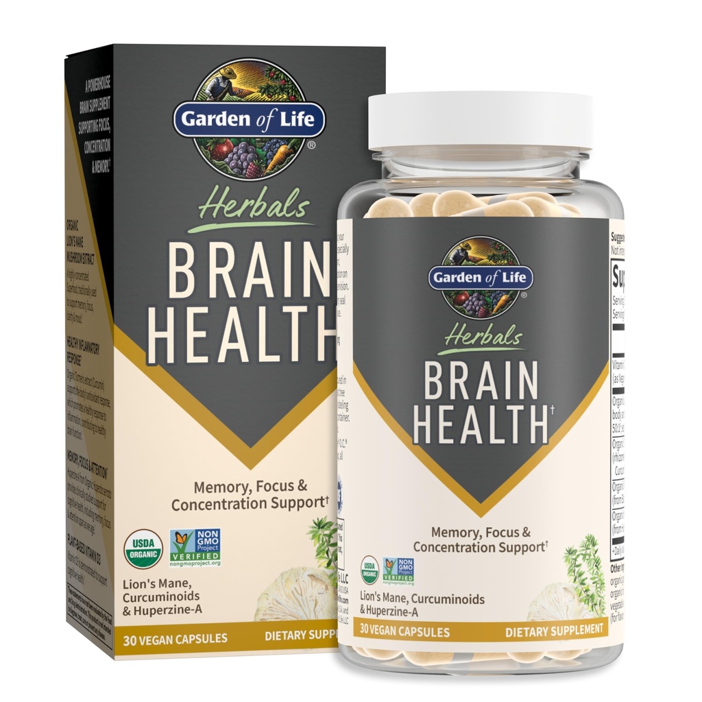Garden of Life Brain Health Supplement with Organic Lion’s Mane & Turmeric, Μη ΓΤΟ, Χωρίς γλουτένη, Γεύσεις Μέντας - για Μνήμη, Εστίαση & Υγιεινή λειτουργία εγκεφάλου