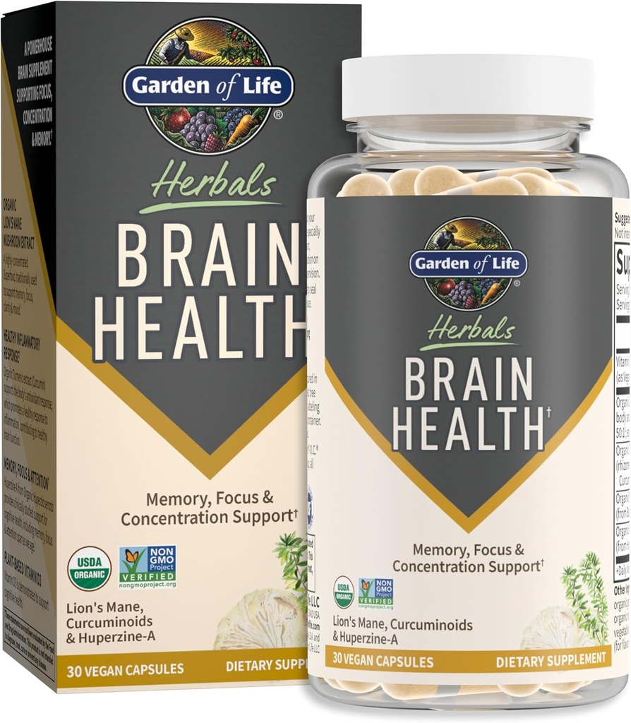 Garden of Life Brain Health Supplement with Organic Lion’s Mane & Turmeric, Μη ΓΤΟ, Χωρίς γλουτένη, Γεύσεις Μέντας - για Μνήμη, Εστίαση & Υγιεινή λειτουργία εγκεφάλου