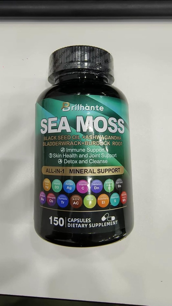 Sea Moss 27,850mg Ashwagandha 1000mg Μαύρο Έλαιο Σπόρου 4000mg Ashwagandha Συμπληρώματα βιταμίνης C & D3 με Bladderwrack, Ginger, Burdock Root για ανοσοποιητικό σύστημα-145 κάψουλες