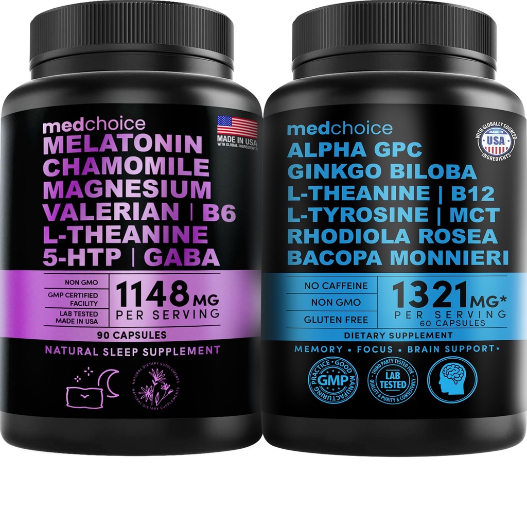 MEDCHOICE Μελατονίνη ύπνου (90ct) και Nootropic Brain (60ct) Συμπλήρωμα Bundle - Wellness Duo για τον ύπνο, τον εγκέφαλο, την εστίαση, & υποστήριξη διάθεσης - Vegan, μη-GMO, χωρίς γλουτένη
