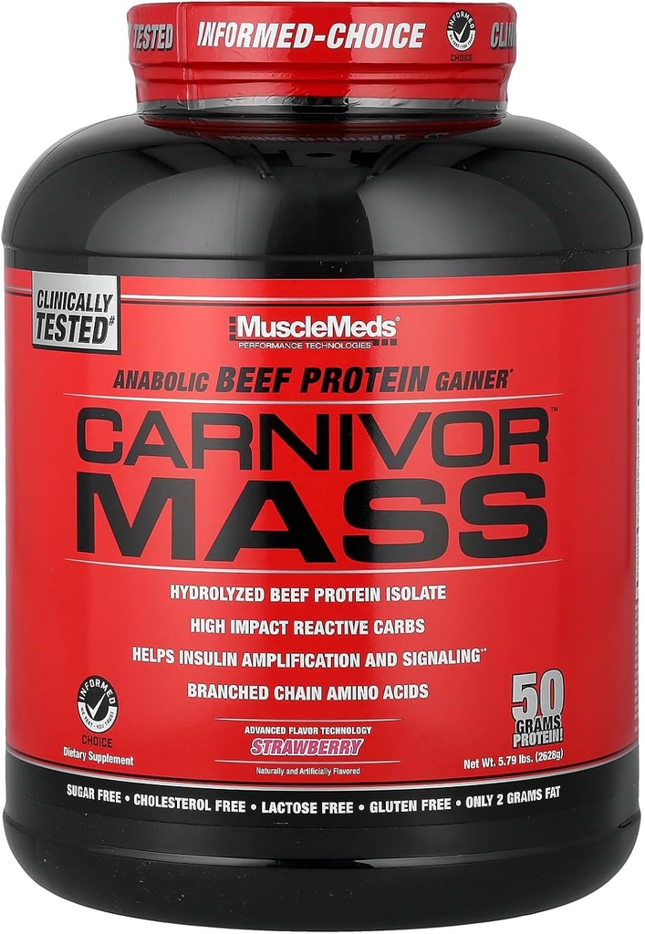 MuscleMeds Carnivor Mass Anabolic Beef Protein Gainer, Strawberry, 6 Pound