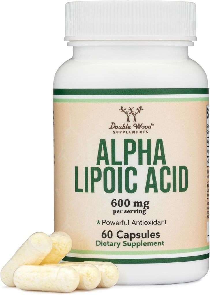 Alpha Lipoic Acid 600mg per Serving, 60 κάψουλες (Trit Party Tested, Non-GMO, Gluten Free, Vegan Safe) Ισχυρό Αντιοξειδωτικό για Νευροπάθεια και Καρδιαγγειακή Υγεία (ALA Supplement) από Διπλό Ξύλο