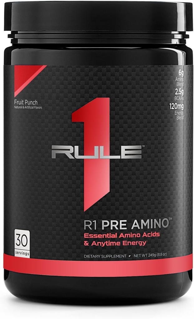 Κανόνας 1 Πρωτεΐνες Pre Amino Acid Complex Fruit Punch, ανά πάσα στιγμή ενέργεια Boost, καφεΐνη από πράσινο τσάι και εκχύλισμα καφέ, αντοχή, υποστήριξη εστίασης, 30 υπηρεσίες, 15 Oz