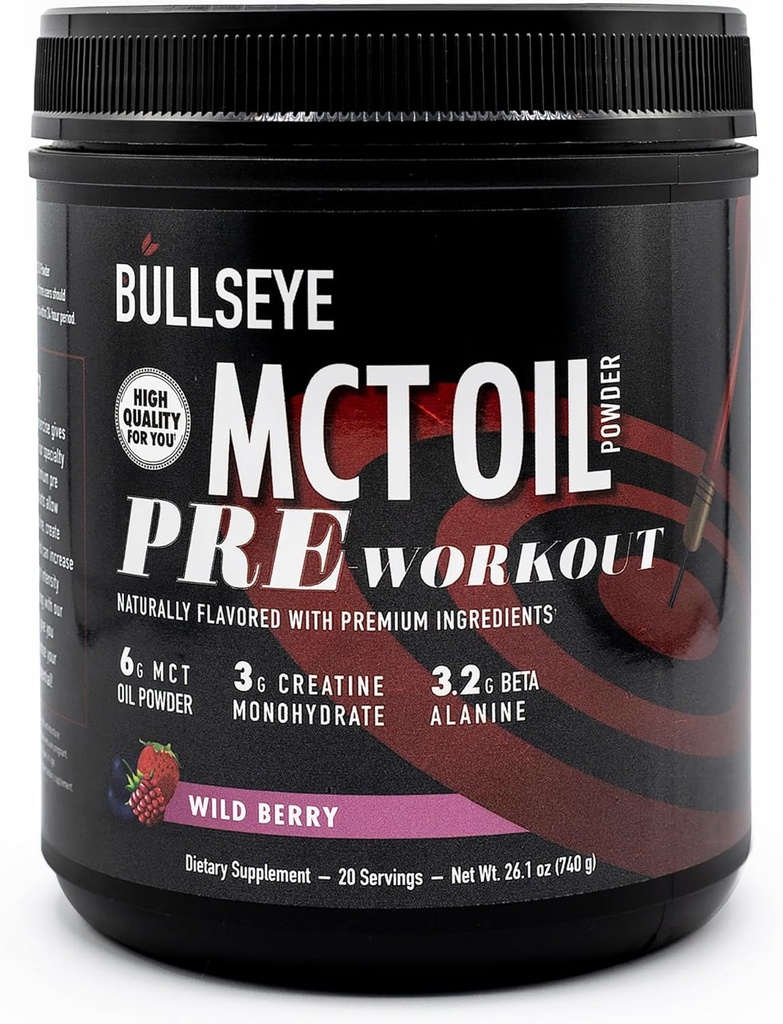 Bullseye MCT Oil Pre Workout Supplement - Creatine Monohydrate, Medium Chain Triglycerides, Beta Alanine, Caffeine, L-Citrulline, Muscle Gainer, Focus, Endurance, Energy -20 Servings - Wild Berry