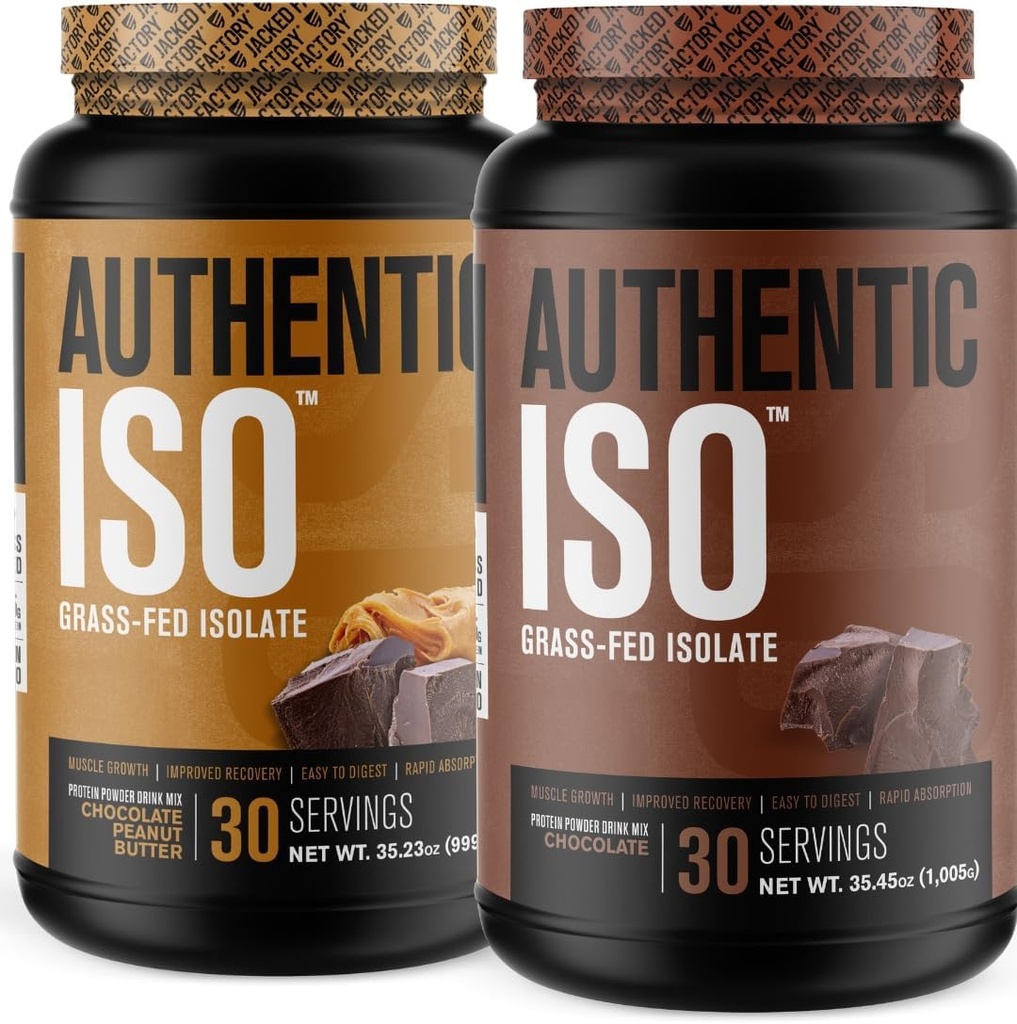 Jacked Factory Authentic ISO Grass Fed Whey Protein Isolate Powder - Χαμηλός υδατάνθρακες, πρωτεΐνη οικοδόμησης μυών μη ΓΤΟ w/No Fillers (Τσοκολάτο Φυστικοβούτυρο, 30sv) & (Τσοκολάτη, 30sv)