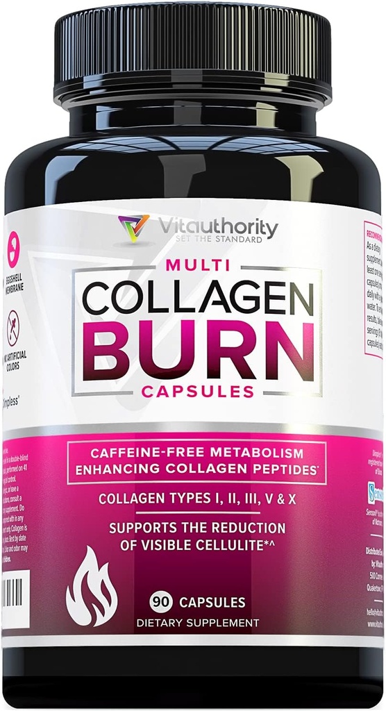 Multi Collagen Burn: Hydrolyzed Protein Peptides Multi-Type με Υαλουρονικό Οξύ, Βιταμίνη C, SOD B λακκάκια, Τύποι I, II, III, V και X, Caffeine-Free (Άγευστες κάψουλες)