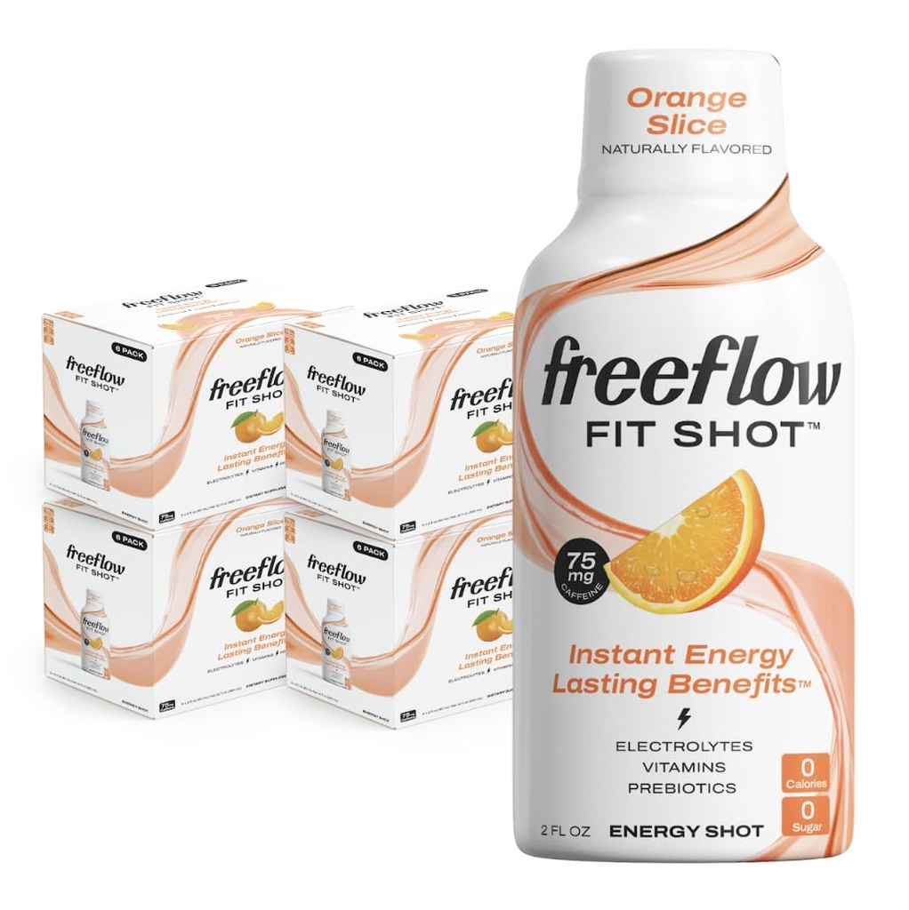 Freeflow Fit Energy Shots, Orange Slice, Natural Caffeine Boost με L-θεανίνη, Ginseng, Βιταμίνες, Πρεβιοτικά, Ηλεκτρολύτες (24 Count, 2oz Shots)