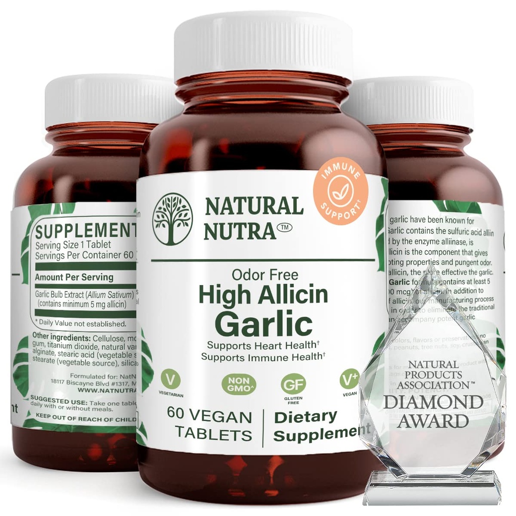 Natural Nutra High Allicin συμπλήρωμα σκόρδου, υποστηρίζει ανοσοποιητικό σύστημα, βελτιώνει την υγεία της καρδιάς, βελτιώνει την υγεία των ενζύμων, καλύτερη πέψη, καταπολεμά το κρύο και τη γρίπη, Vanilla επίστρωμα, 500mg, 60 Vegan δισκία
