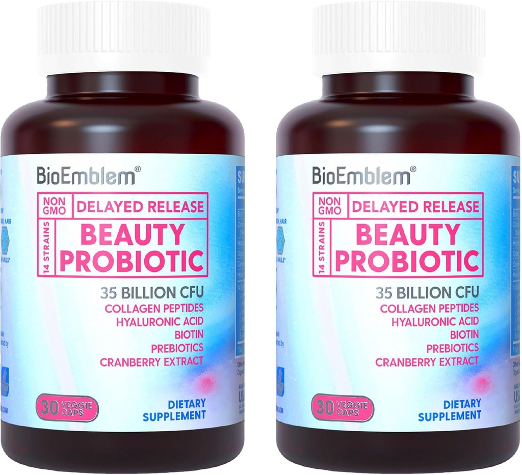BioEmblem Beauty Probiotics for Women, 35 δισεκατομμύρια CFU 14 Strains with Biotin, Collagen, Prebiotics for Digestive Health, Hair Skin and Nails, Vaginal Probiotics Supplement, Shelf Stable, 60 Caps