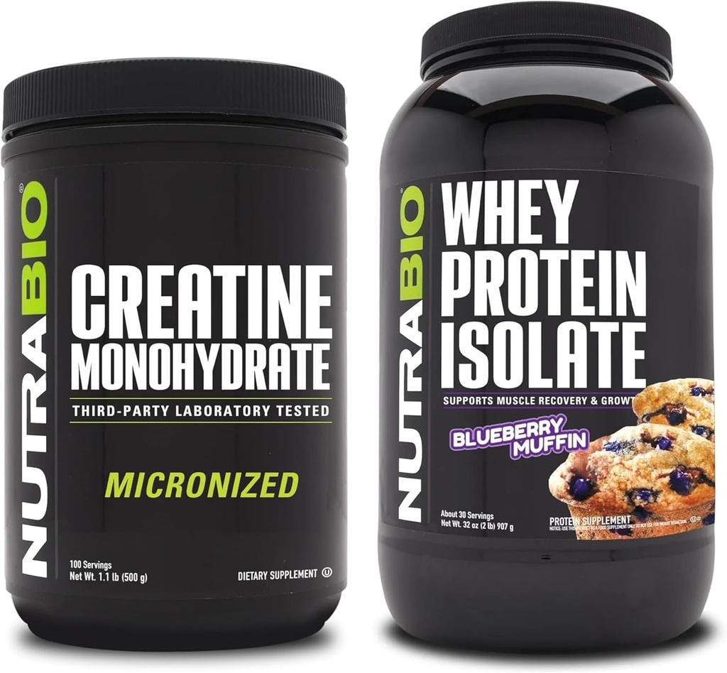 NutraBio Creatine Monohydrate, Unflavored, 500g και Whey Protein Isolate, Blueberry Muffin, συμπλήρωμα Bundle - μυϊκή ενέργεια, Lean μυϊκή ανάπτυξη, ανάκτηση, και δύναμη
