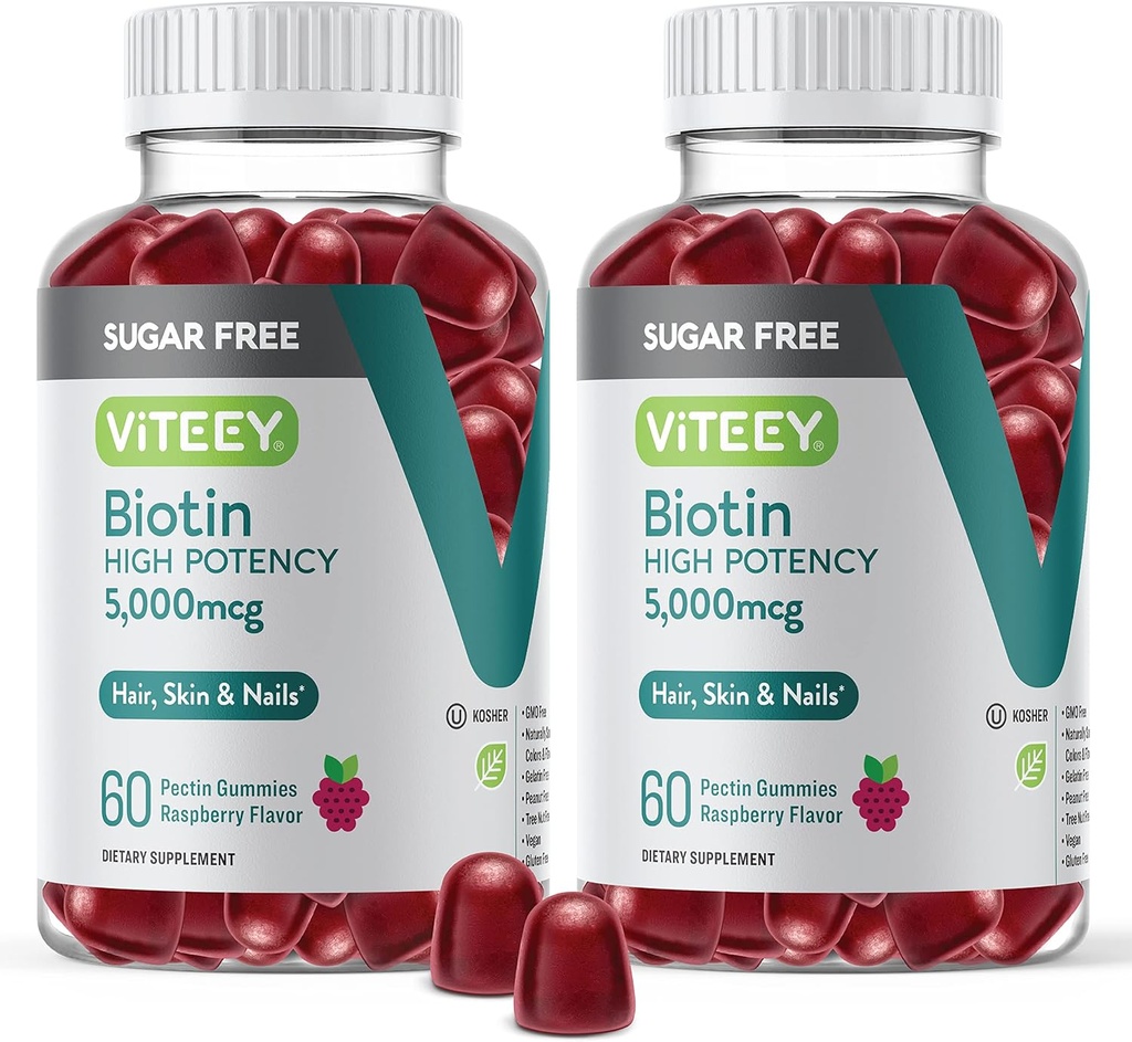 VITEEY Biotin Gummies για τα μαλλιά, το δέρμα, και τα νύχια 5.000mcg - Ζάχαρη δωρεάν - Gummys ανάπτυξη των μαλλιών, Υγιεινή λάμψη του δέρματος, Ισχυρή υγιή ανάπτυξη των νυχιών - Vegan, χωρίς γλουτένη, Ζελατίνη Δωρεάν Μασώμενο άρωμα σμέουρων