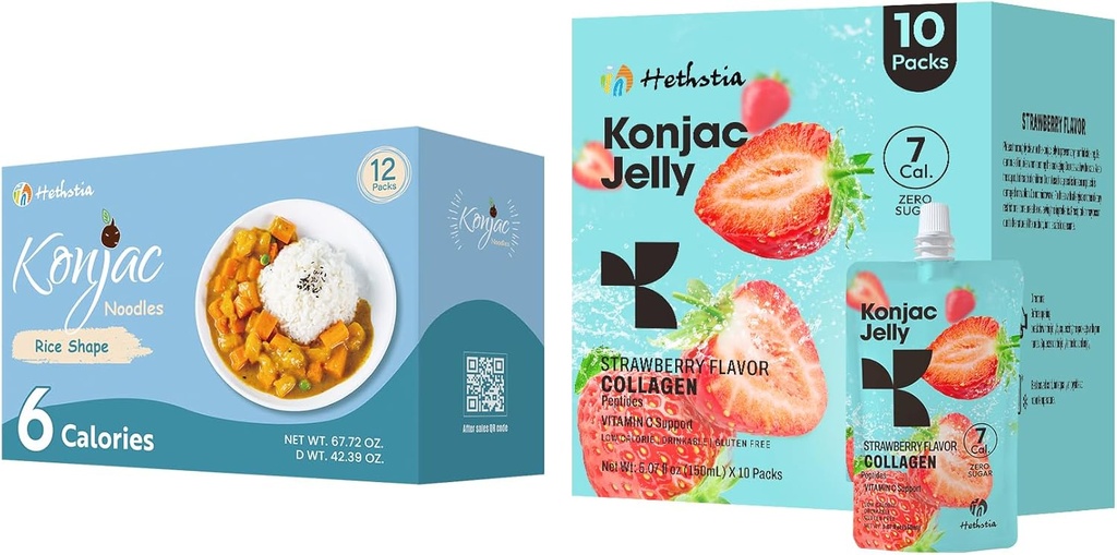 Hethstia Konjac Jelly Φράουλα Γεύση με κολλαγόνο Πεπτίδες 10 συσκευασίες και Konjac Ρύζι Χωρίς Γλουτένη 12 συσκευασίες Χαμηλή θερμίδα, Κέτο, Χωρίς ζάχαρη, Υγιεινή τροφή