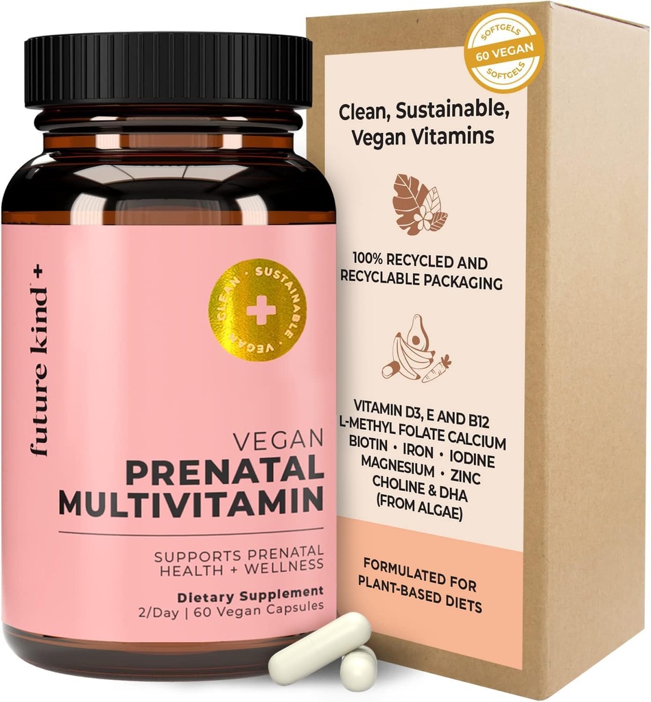 Future Kind Vegan Προγεννητική Βιταμίνη με DHA & L-Methylfolate σε Γυάλινο Μπουκάλι - Προγεννητικό συμπλήρωμα φυλλώματος για γυναίκες με Βιταμίνη D & E, Σιδήρου & Βιοτίνης - Χωρίς γλουτένη, Μη ΓΤΟ (60ct)