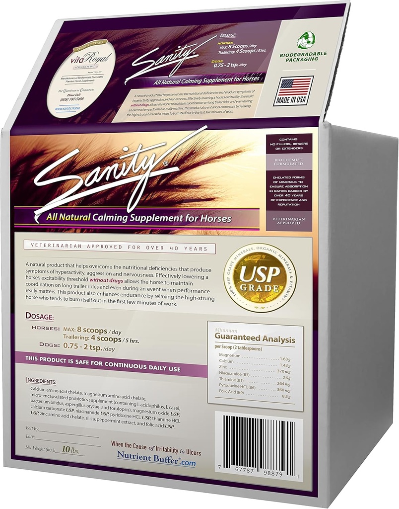Sanity - Equine Behavioral Calming Focus Supplement for Horses - Μαγνήσιο, Ασβέστιο, Ψευδάργυρος, Β Βιταμίνες, Αμινοξέα, Προβιοτικά, Θιαμίνη, Φολικό οξύ, Νιασίνη, Μέντας & Περισσότερα