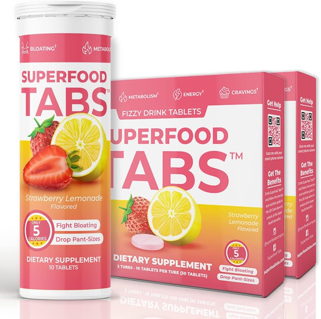 Superfood Tabs Superfoods Company Detox Cleanse Drink - Συμπλήρωμα για γυναίκες & άνδρες - Υποστήριξη Υγιεινού Βάρος, Επιπεφυκτικού Υγιεινής, Καβουριών & Ανακούφιση - Λεμονάδα Φράουλα Γεύση [60 Tablets]